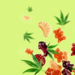 Colored Gummies Fly Along With Cannabis Leaves. Chewing Candies,
