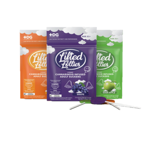 Group image of three flavors, front packaging for 5CT Bags of Lifted Lollies - (Left to Right) Mango, Grape, and Sour Apple Flavors