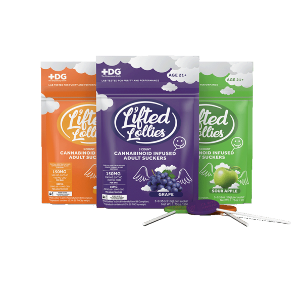 Group image of three flavors, front packaging for 5CT Bags of Lifted Lollies - (Left to Right) Mango, Grape, and Sour Apple Flavors