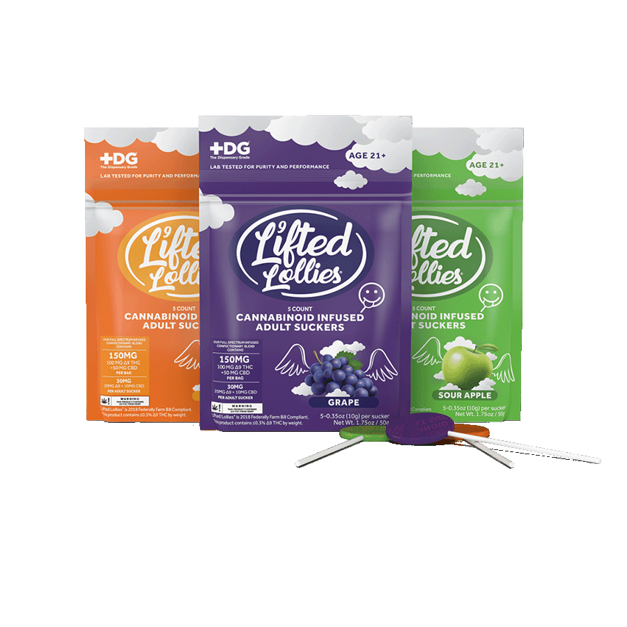 Group image of three flavors, front packaging for 5CT Bags of Lifted Lollies - (Left to Right) Mango, Grape, and Sour Apple Flavors