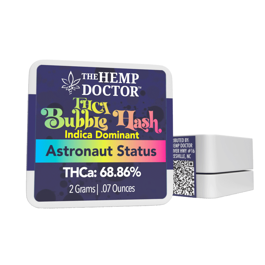 Front of THCA Bubble Hash, from top to bottom: "The Hemp Doctor", "THCA Bubble Hash", Indica Dominant Hybrid, Astronaut Status, THCA Percentage=68.86%, 2 Gram (.07 Ounces) Container