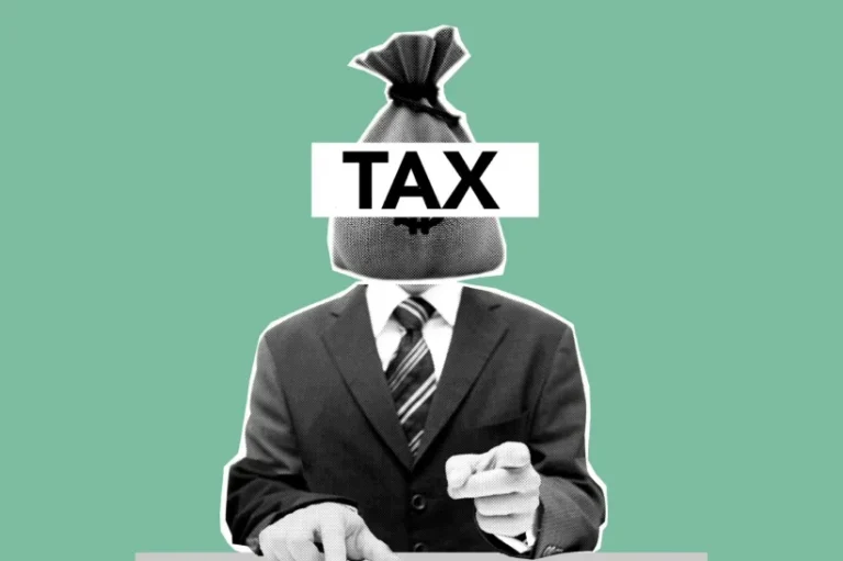 A man in suit with a head blocked by a text saying "TAX."