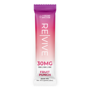 Front of single 30MG REVIVE Drink Mix Stick Pack - Fruit Punch by The Hemp Doctor