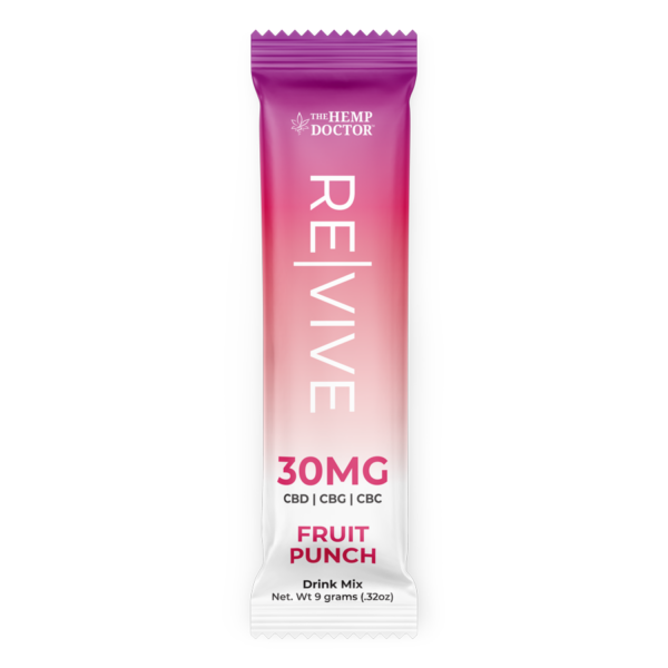 Front of single 30MG REVIVE Drink Mix Stick Pack - Fruit Punch by The Hemp Doctor