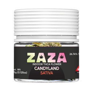 Front of 3.5G jar of ZAZA THCA Flower by The Hemp Doctor's Candyland strain