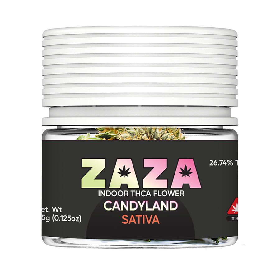 Front of 3.5G jar of ZAZA THCA Flower by The Hemp Doctor's Candyland strain