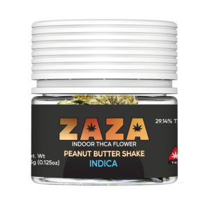 Front of 3.5G jar of ZAZA THCA Flower by The Hemp Doctor's Peanut Butter Shake strain