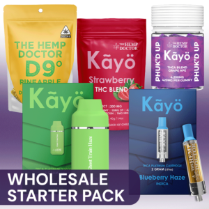 Wholesale Starter pack bundle image, pictured is D9 25MG Gummies, Kayo THC Blend Gummies, Kayo 3G Disposable Vapes, Kayo 2G Vape Cartridges, and 10ct Phuk'd Up 420mg Gummies