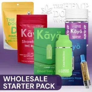 Wholesale Starter pack bundle image, pictured is D9 25MG Gummies, Kayo THC Blend Gummies, Kayo 3G Disposable Vapes, Kayo 2G Vape Cartridges, and 10ct Phuk'd Up 420mg Gummies