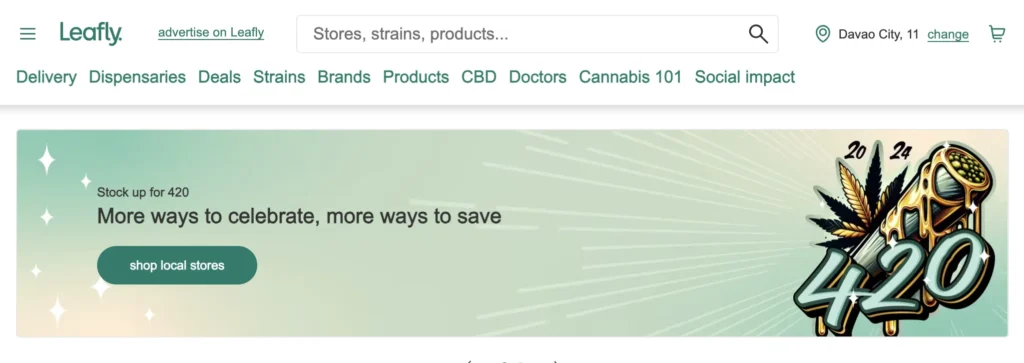 Screenshot of the Leafly homepage