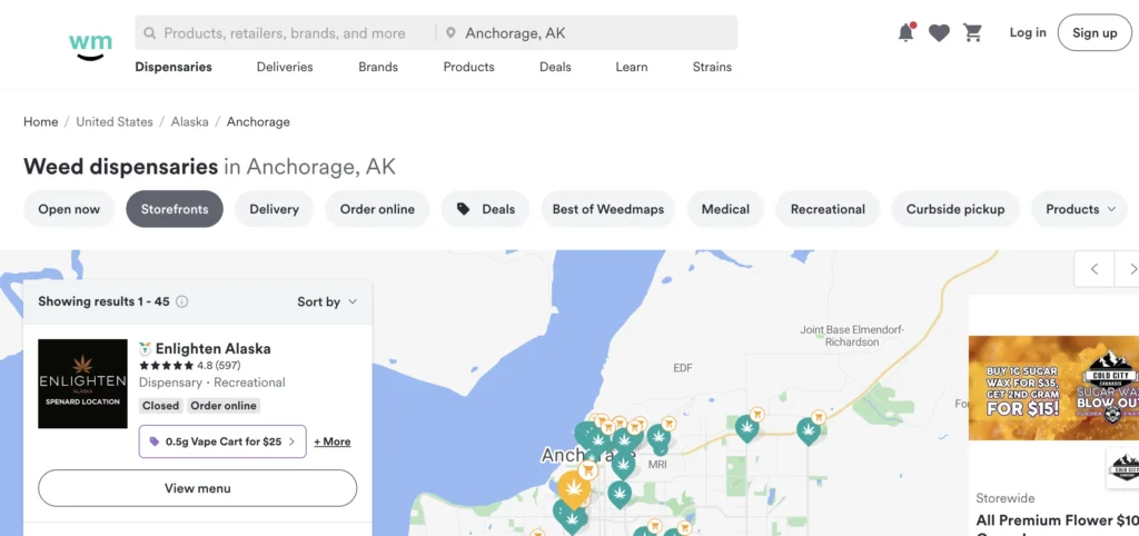 Screenshot of the Weedmap's dispensary map