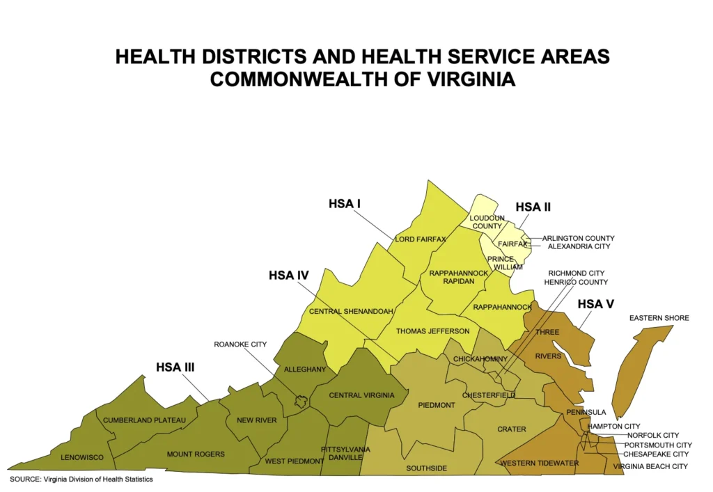 Map of health district and service areas in Virginia