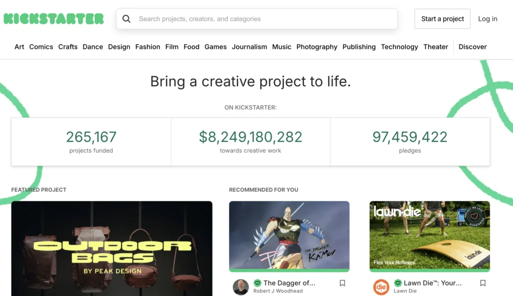 Homepage of the kickstarter crowdfunding platform