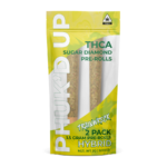 Front of 2 Count pre-roll: Yellow packaging with "The Hemp Doctor" and "Phuk'd Up" logo, strain name = Trainwreck, Hybrid, clear window showing 2 pre-rolls.