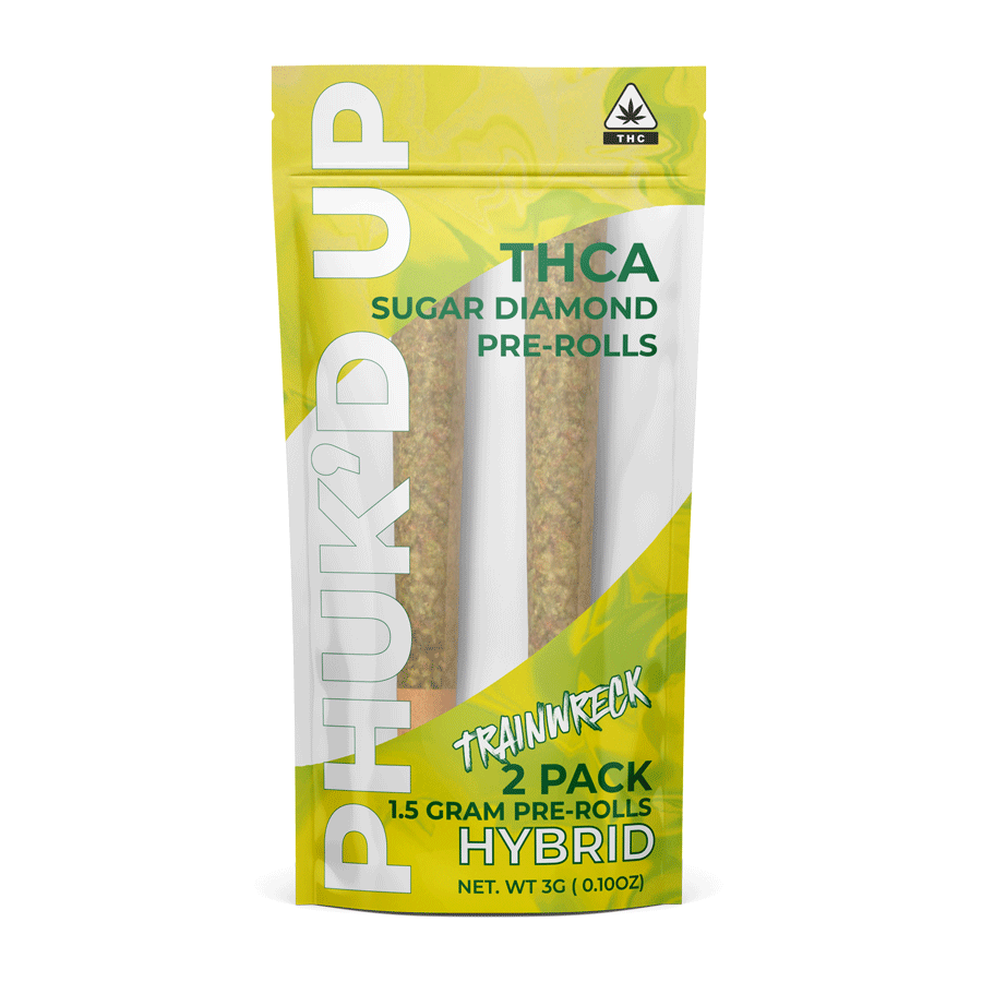 Front of 2 Count pre-roll: Yellow packaging with "The Hemp Doctor" and "Phuk'd Up" logo, strain name = Trainwreck, Hybrid, clear window showing 2 pre-rolls.