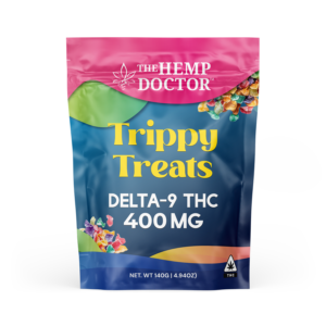 Front packaging for 400mg D9 Trippy Treat by The Hemp Doctor