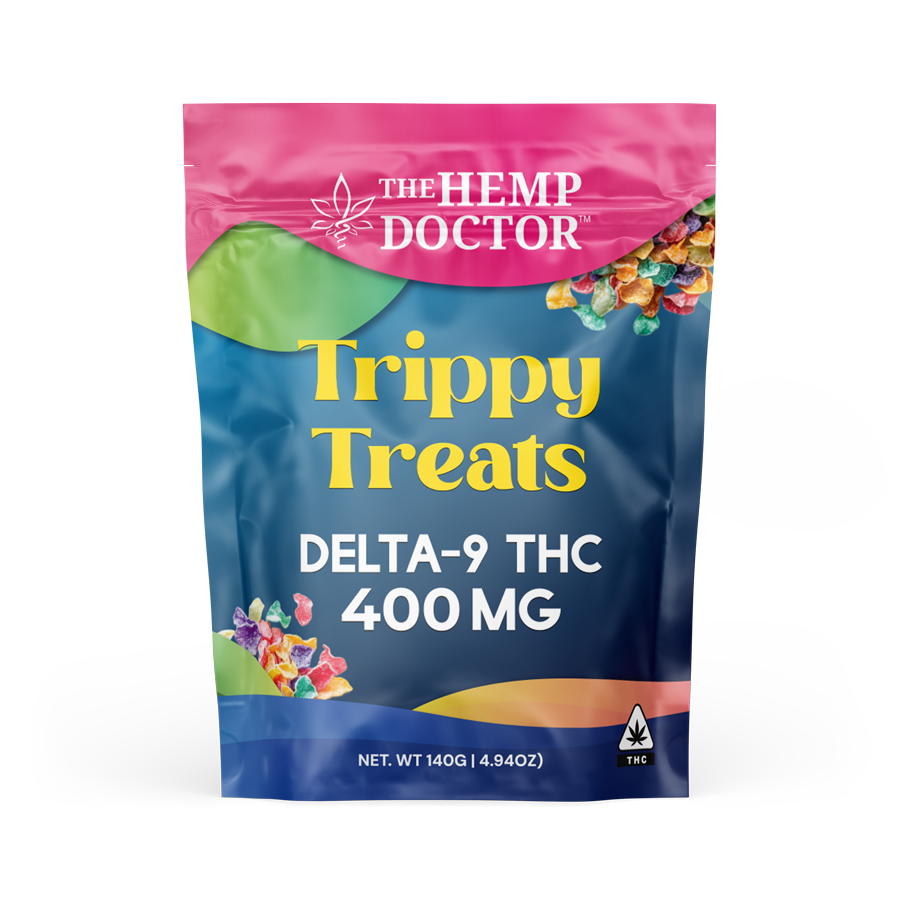 Front packaging for 400mg D9 Trippy Treat by The Hemp Doctor