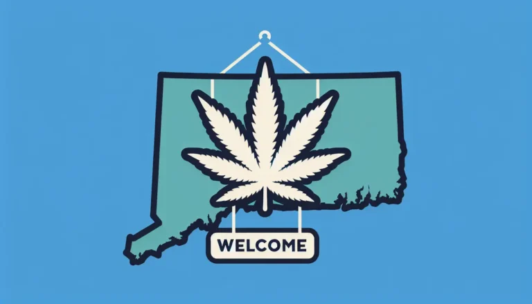 Connecticut map with weed leaf on top.