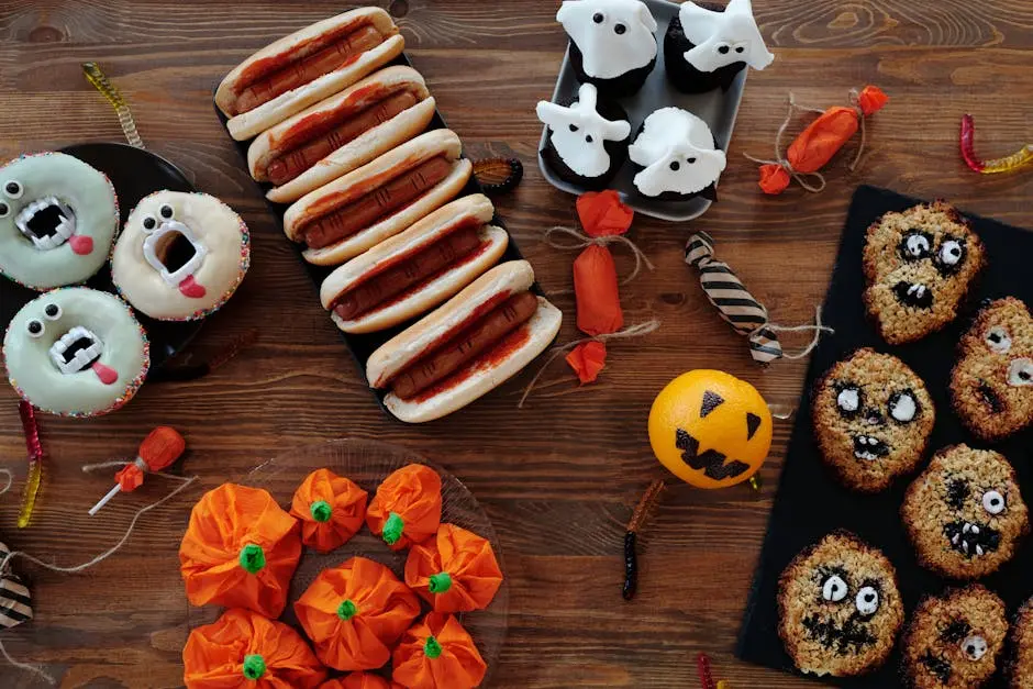 Halloween edibles and weed treats laid on a wooden table. 